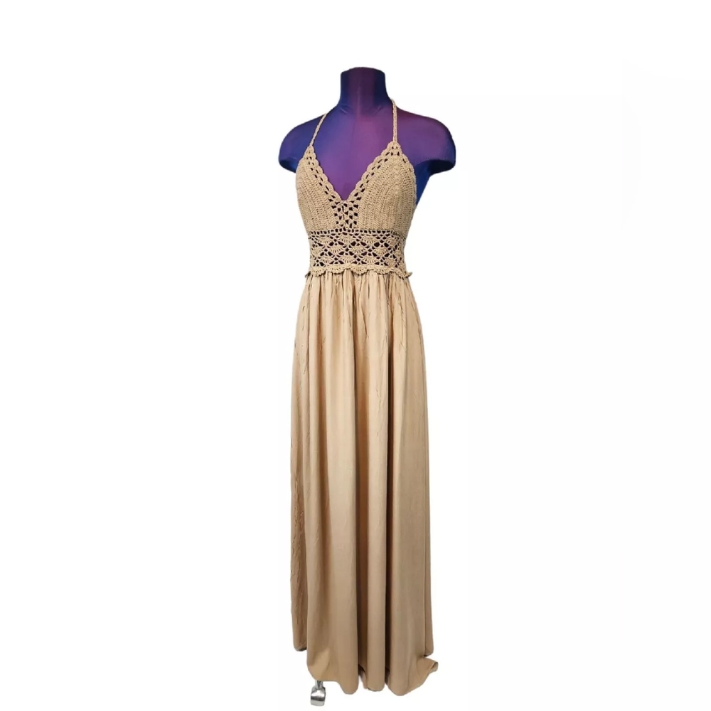 Lilbetter Tan Crocheted Halter Maxi Dress Size Large Women's